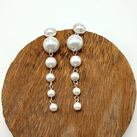 Long Faux Pearl Drop Dangle Earrings Silver Tone Chain Statement - Picture 7 of 11